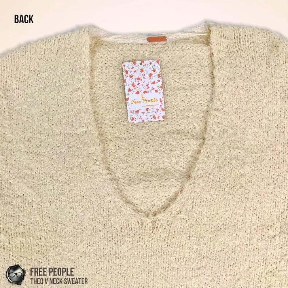 FREE PEOPLE THEO V NECK SWEATER IN CREAM WOMEN’S MEDIUM OVERSIZED SMALL FUZZY